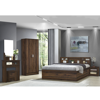 BED SET SLS7111 w/bed (160X200)/side table/dresser & stool/3 shelf wardrobe OLD WOOD